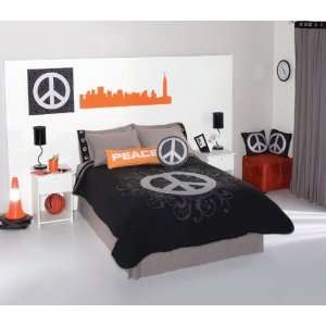  Peace Sign Grey Black Comforter Bedding Set Twin