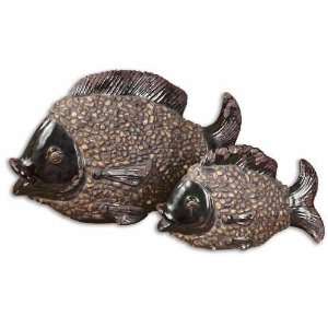  UT19335   Ceramic Fish Statues with Pebble Accents