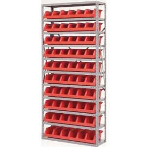   Steel Shelving Unit with 11 Shelves and 10 30312 Red System Bins, Grey