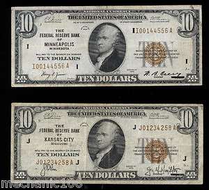 1929 $10 National Currency Minneapolis MN and $10 Kansas City 2 notes 