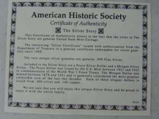 The Silver Story, Silver Certificate, Morgan & Peace Dollars, Granules 