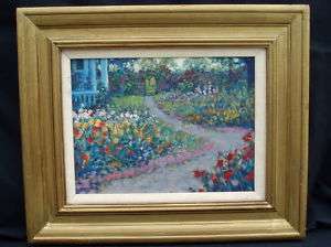 Wally Ames Oil on Board Painting Floral Garden Pathway  