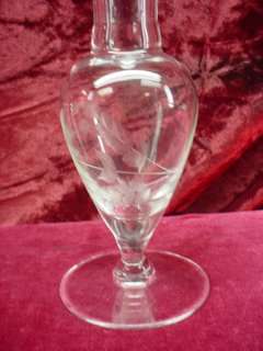 Vintage 1940s TALL BULBOUS GLASS BUD VASE Etched FLORAL  
