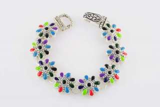 Sterling Ep Flower Link Bracelet W/ Gemstone Color Enamel & Magnetic 