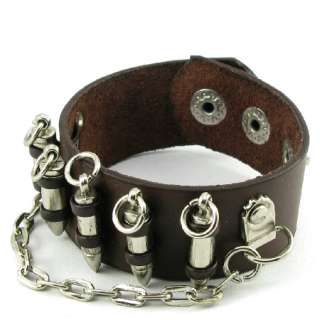 H508 Chain+ 5 Bullets Gothic Brown Leather Men/Women Button Wristband 