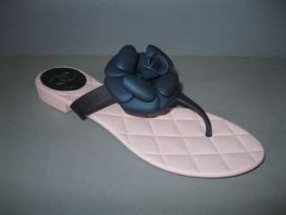 AUTHENTIC CHANEL 11P PINK WITH BLUE CAMELLIA FLOWER THONG SANDALS 