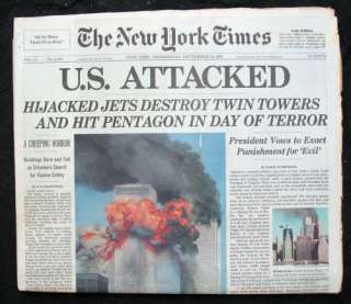 New York Times 9 11 01 Newspaper 12 September NY Edition FREESHIPPING 