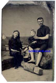1800s FAMILY IN SWIMSUIT FASHION STUDIO TINTYPE PHOTO  