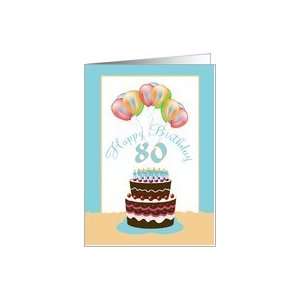  80th Happy Birthday Cake Lit Candles and Balloons Card 