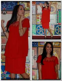Vintage Hot Red Lace Sheer Yoke Drop Waist Bubble Dress  