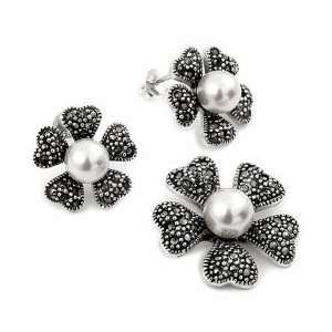    Silver Marcasite Pearl Flower Pendant Earrings Set Jewelry