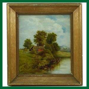   Antique Signed Cattle Watering by River Landscape Oil Painting x