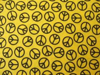 YELLOW BLACK MINI PEACE SIGNS HIPPY COTTON QUILTING WEIGHT FABRIC 