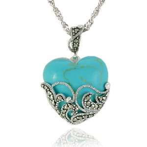    Sterling Silver Marcasite and Turquoise Heart Pendant, 18 Jewelry