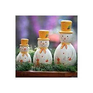  NOVICA Wood ornaments, Yellow Snowman Family (set of 3 