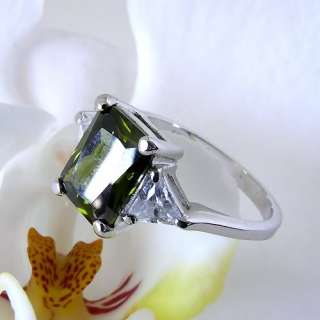 Sterling 3 Stone Green Square CZ Solitaire Accent Ring  