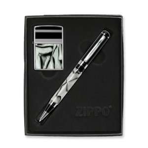  Zippo Marbled Black and High Polish Chrome Lighter/Pen Set 