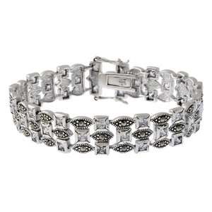  Sterling Silver Marcasite & CZ Three Row Bracelet Jewelry