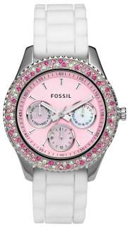 NEW Fossil ES2895 Stella Silicone Pink Dial crystals mop small Women 