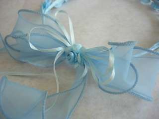 Blue Flower girl wreath halo headpiece long ribbon  