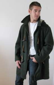   GREEN WOOL CREME PLAID LINED MANS HOODED DUFFLE COAT JACKET~42  