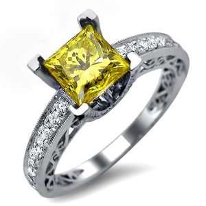   14ct Princess Cut Canary Yellow Diamond Engagement Ring 18k White Gold