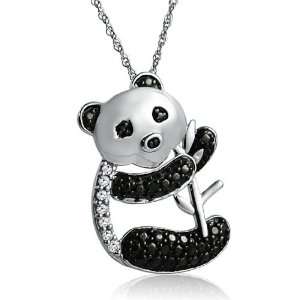 Sterling Silver Black and White Diamond Panda Bear Necklace on an 