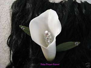 Large Calla Lily w/ Leaves & Crystals Hair Comb~Bridal  