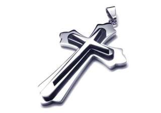 Men Black Silver Stainless Steel Cross Necklace Pendant  