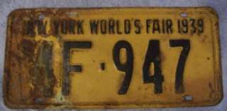 1939 New York Worlds Fair 4F 947 License Plate  
