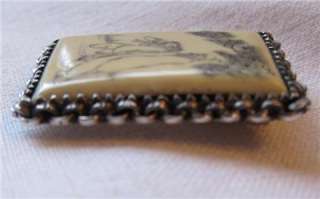 Chinese China STERLING Silver Scrimshaw PIN Dress Clip  