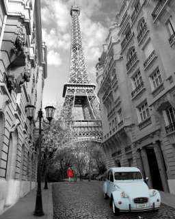 A2+ mini satin poster PARIS RED GIRL BLUE CAR SCENIC CITY EIFFEL 