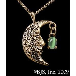 Moon Necklace, 14k Yellow Gold, Green set gemstone, Moon Star Jewelry 