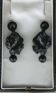 VICTORIAN STYLE CARVED WHITBY JET & GOLD EARRINGS ***  