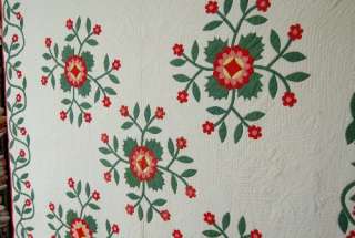 Pre Civil War 1850s Whig Rose Red & Green Applique Antique Quilt 