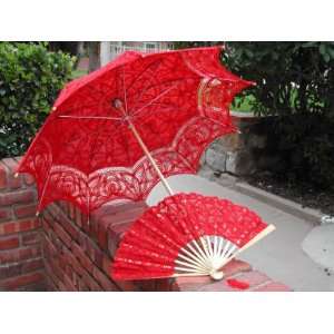  Red Battenburg Lace Parasol with Lace Fan 