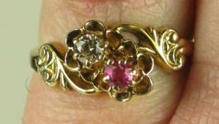 Estate Vintage 14K Yellow Gold .30ctw Genuine Diamond & Ruby Flower 
