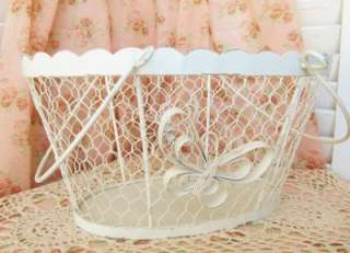   White Cottage Chic Oval Chicken Wire Basket with Butterflies  