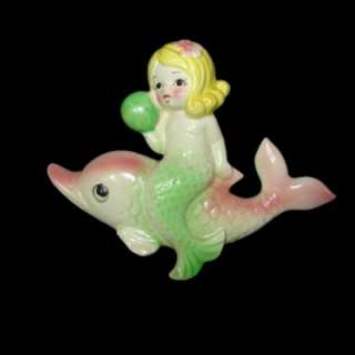Vintage Japan Mermaid on Pink Dolphin Fish Wall Plaque  