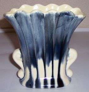 Boys Town Pottery Blue Drip Over White Fluted Art Vase  