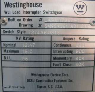 Westinghouse 15KV 600 Amp Load Interupter Switchgear  