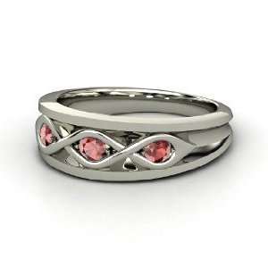  Triple Twist Ring, 14K White Gold Ring with Red Garnet 