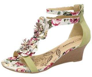 Womens Floral Print T Strap Wedged Sandals Green Size 5.5 10 /ankle 