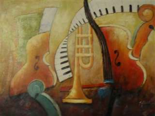 24 x 36 Oil Painting Art Instument Abstract Music Motion Trumpet Bass 