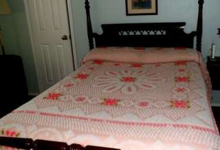 Vintage Chenille Floral Peach Pink Full Queen Bedspread  