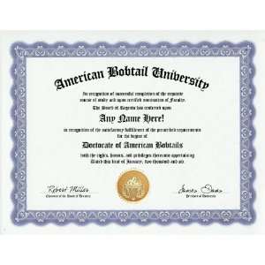 American Bobtail Cat Degree Custom Gag Diploma Doctorate Certificate 