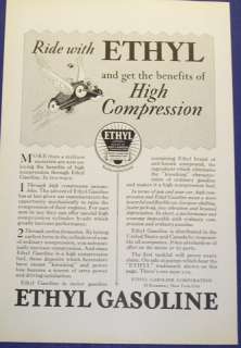 1929 ETHYL GASOLINEFLYING CAR HIGH COMPRESSION AD ART  