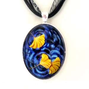  Ginkgo Leaves Turning in Indigo Handmade Fine Art Pendant 