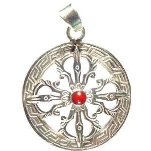  Vishva Vajra Pendant with Central Coral   Sterling Silver 