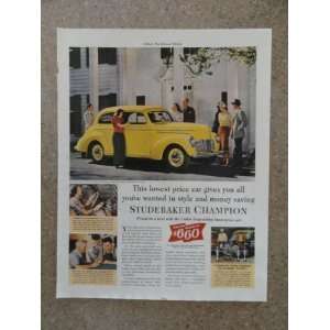 1940 Studebaker Champion,Vintage 40s full page print ad (yellow car 